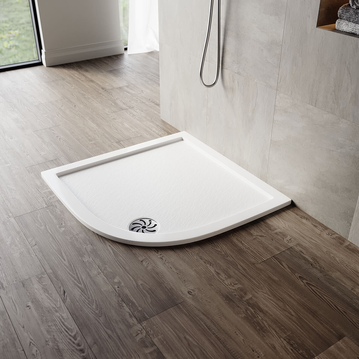 SONNI Oval Duschtasse - Niedrigprofil Duschwanne mit 550 mm Radius, Extra Flach, SMC, Inklusive Ablaufgarnitur