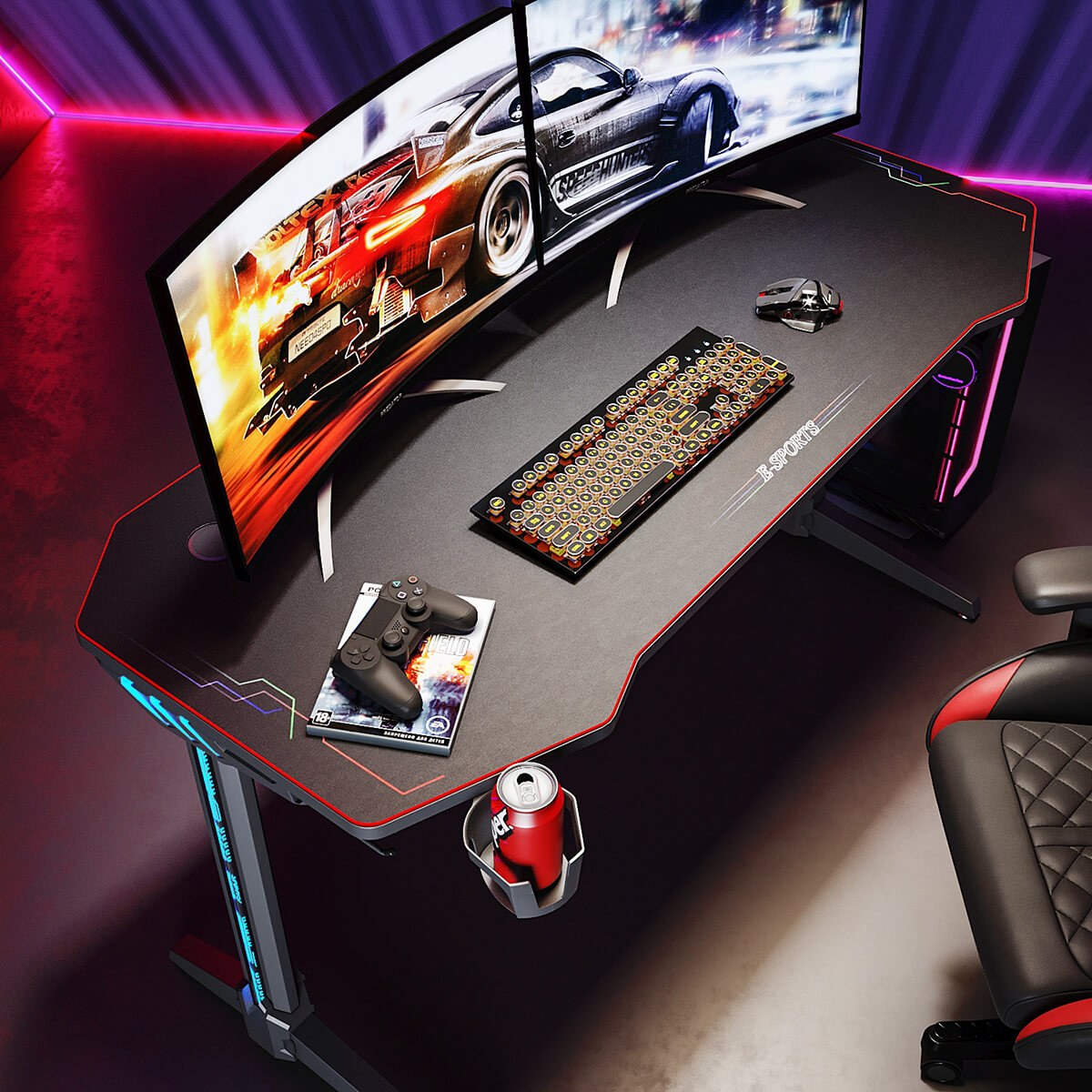 SONNI Gaming Tisch mit LED, RGB Gaming Schreibtisch mit großem Mauspad, Getränkehalter und Kopfhörerhaken, Schwarz 140cm