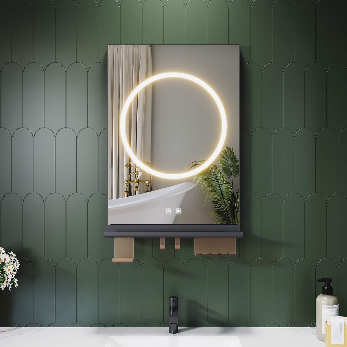 SONNI Badezimmerspiegel mit Beleuchtung 50x70 cm, LED Badspiegel mit Ablage, 3 einstellbare Lichtfarbe + Anti-Beschlag + Touchschalter, Ablage mit Handyhalter + Haken + Zahnbürstenhalter - Sonni Sanitär GmbH