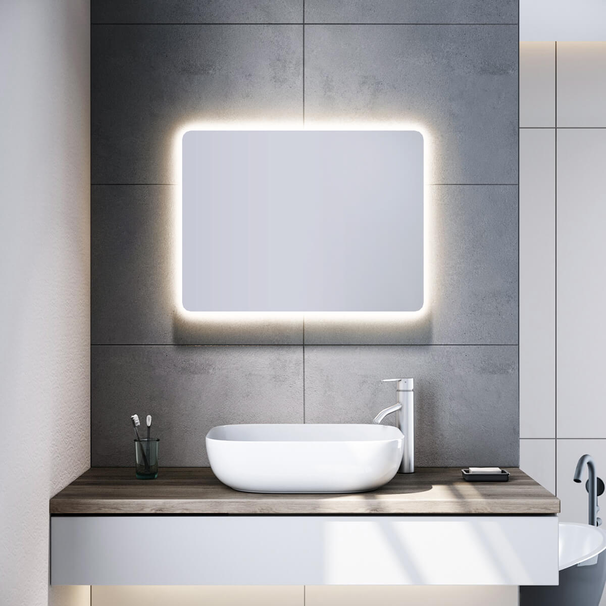 SONNI Badspiegel mit Beleuchtung 80x60 cm und 5.0 Bluetooth Beschlagfrei LED Badspiegel mit Touch-Schalter Wandspiegel Kaltweiße 6400K IP44