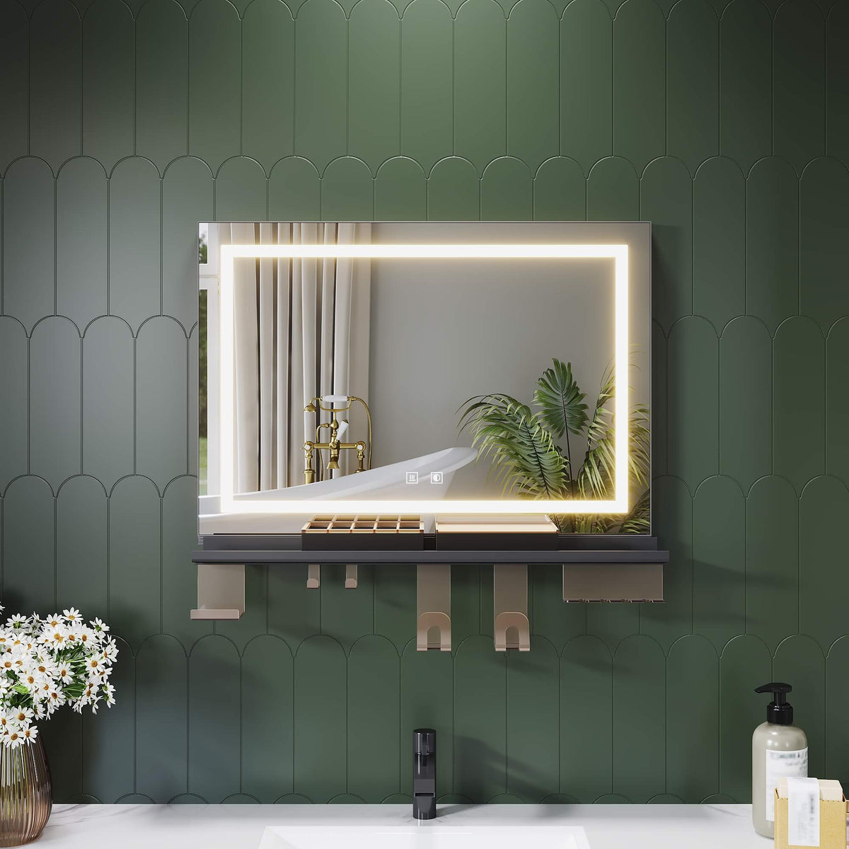 SONNI Badspiegel mit Beleuchtung 70x50cm + Ablage, Touch Badezimmerspiegel 3 Lichtfarben, Anti-Beschlag & Gedächtnisfunktion