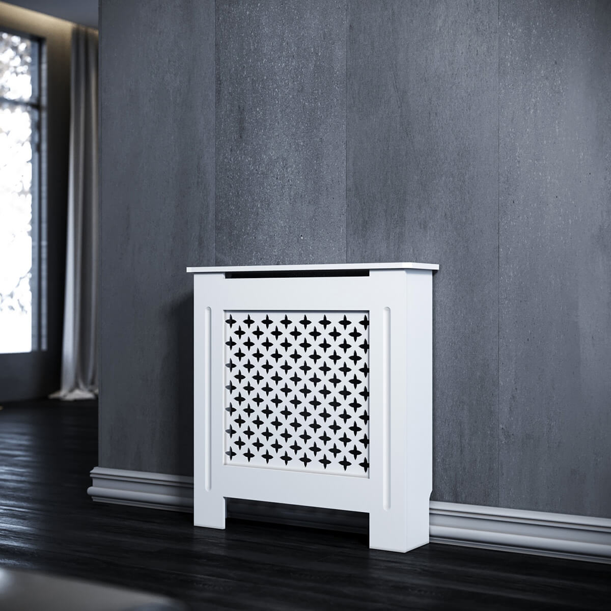 SONNI Heizkörperverkleidung Abdeckung Heizungsverkleidung weiß mit Kreuzgitter für Wohnzimmer Flur Diele B780 x T190 x H820 mm