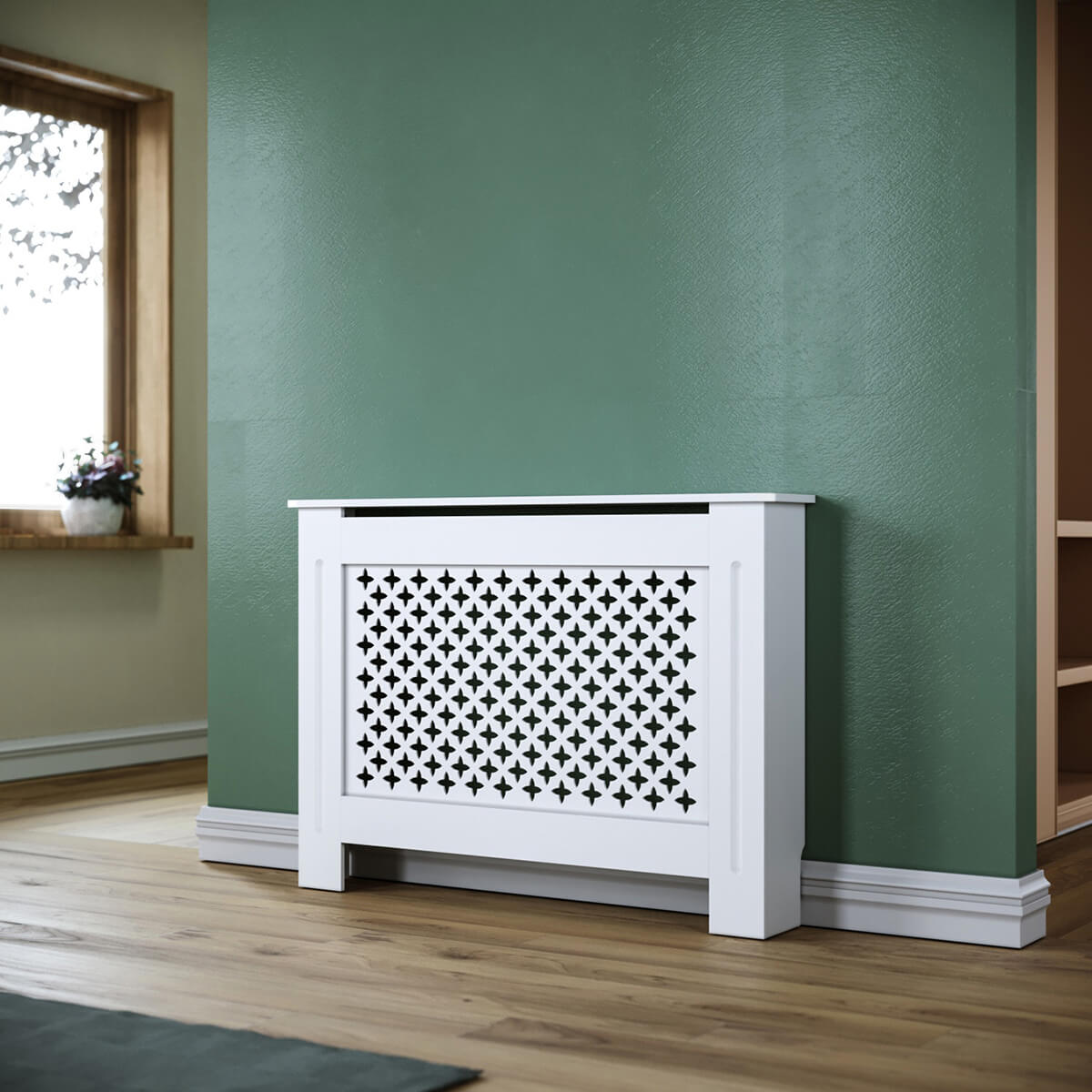 SONNI Heizkörperverkleidung Abdeckung Heizungsverkleidung weiß mit Kreuzgitter für Wohnzimmer Flur Diele B1120 x T190 x H815 mm
