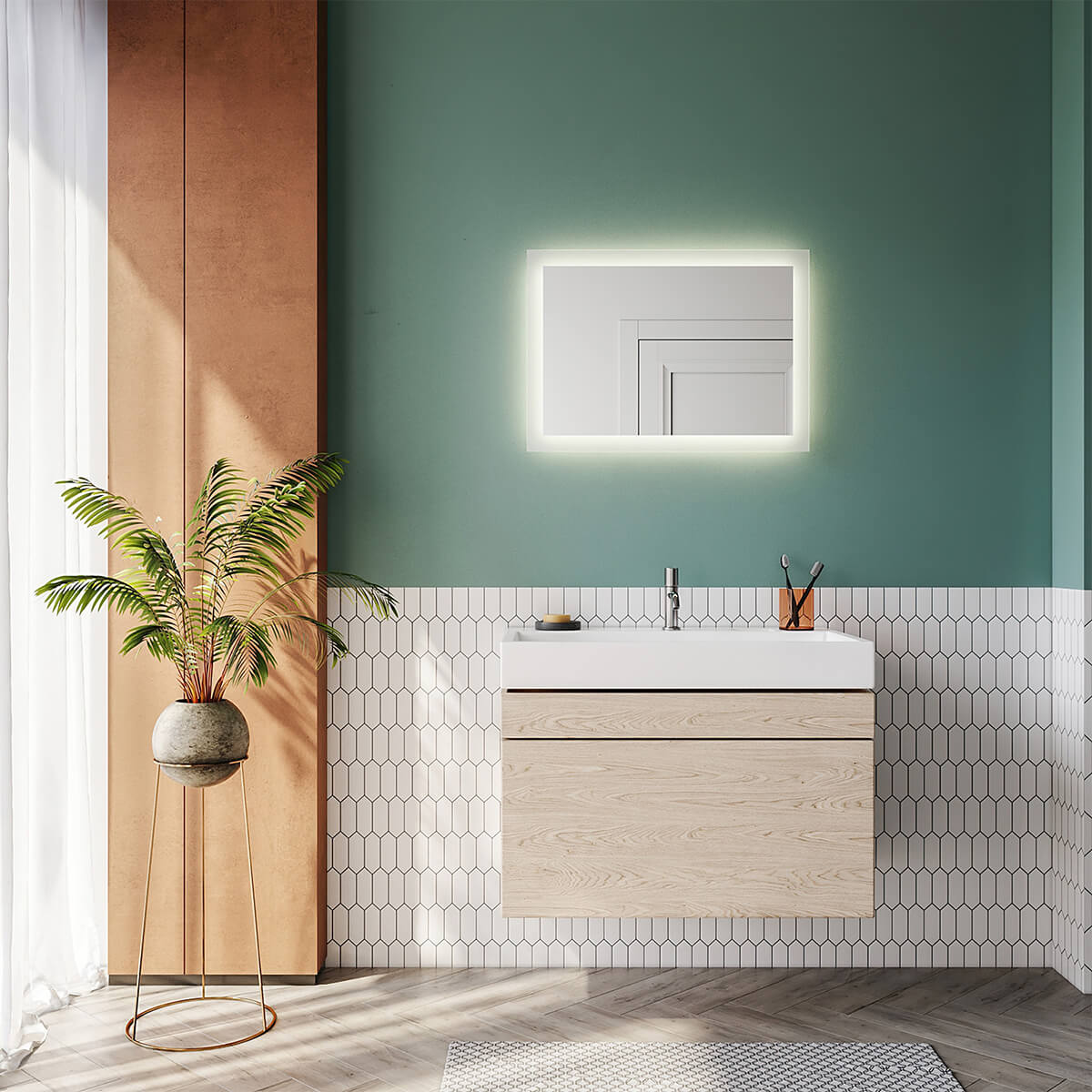 SONNI Badspiegel mit Beleuchtung 50×70 cm, Warmweiß LED Badspiegel, Badezimmerspiegel mit Beleuchtung, Wandspiegel für Badezimmer Vertikal/Horizontal Montage IP44 wasserdicht Wandschalter