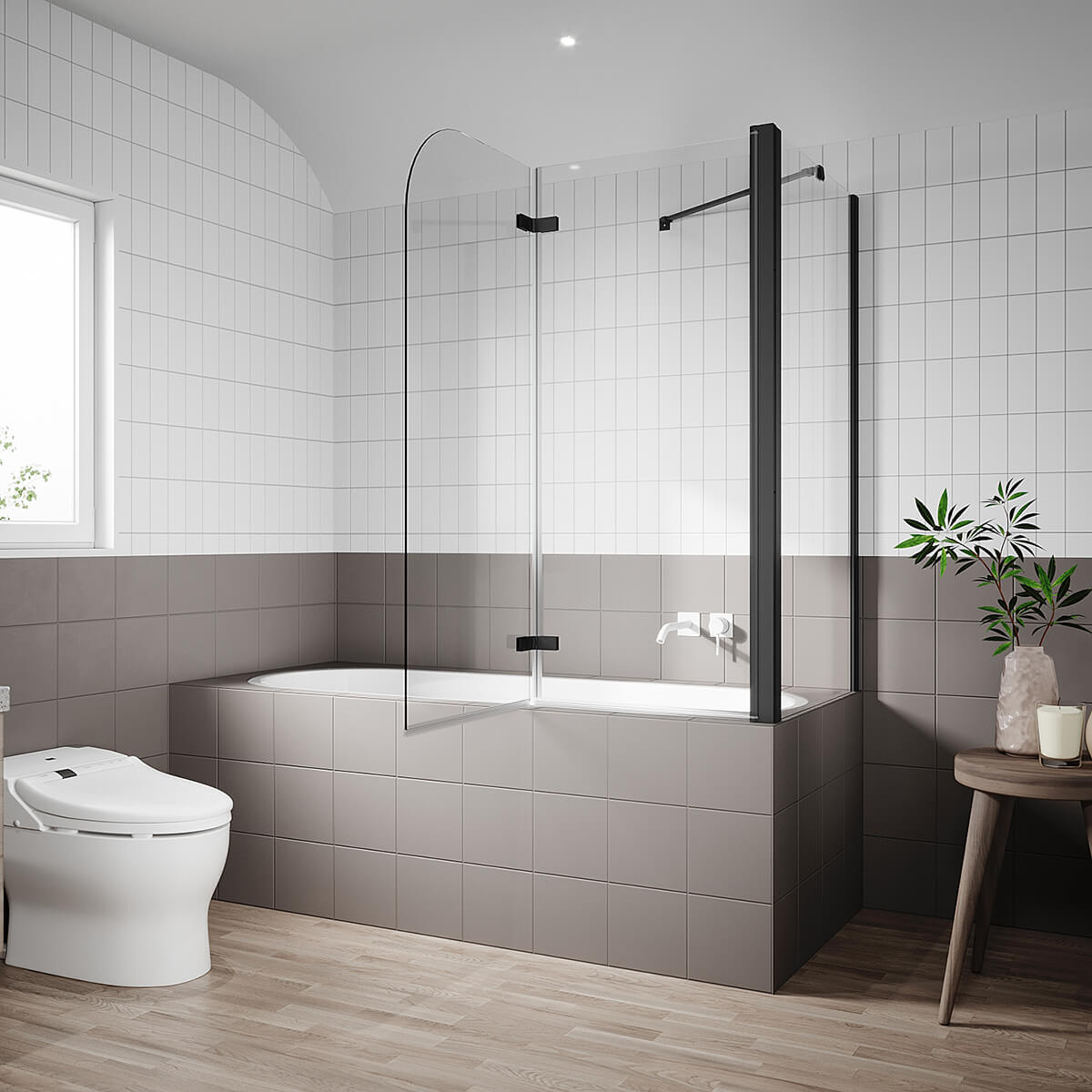 SONNI Duschwand für Badewanne Schwarz mit Seitenwand NANO-GLAS Badewannenaufsatz 2-teilig faltbar 120x140 cm(BxH) Duschabtrennung Badewanne