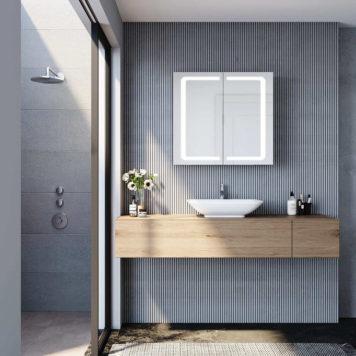 SONNI Edelstahl LED Spiegelschrank mit Beleuchtung, Steckdose und Kippschalter fürs Badezimmer 70x65 cm