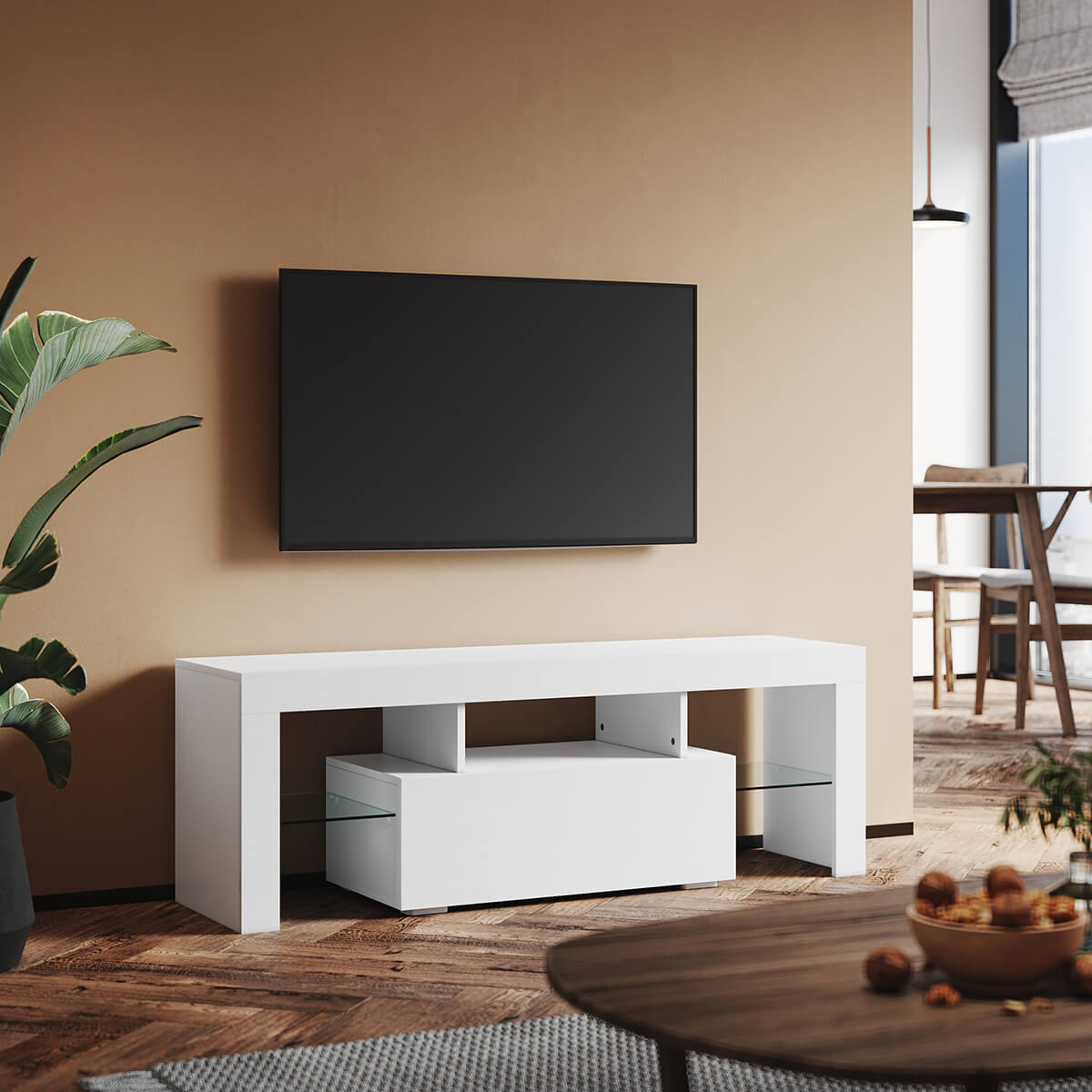 SONNI TV Schrank Weiss, TV Board Hochglanz, mit LED Beleuchtung(12 Farben können eingestellt Werden), mit Klapptür, mit Glasregal, Griffloses Design