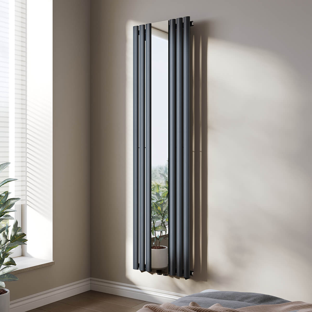 SONNI Röhrenheizkörper mit Spiegel Mittelanschluß Wandheizkörper 1800*500mm Anthrazit ohne/mit Mutiblock