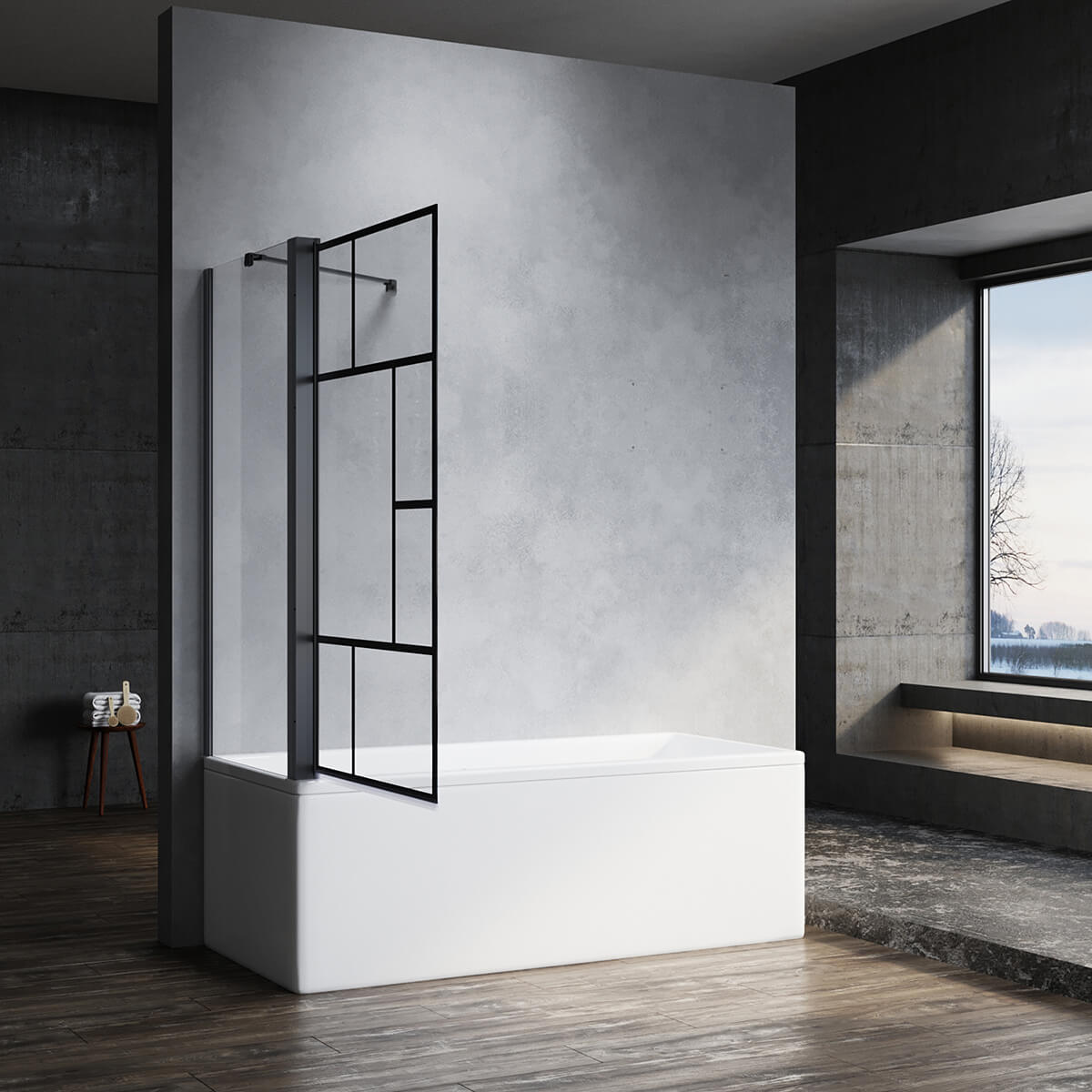 SONNI Duschwand für Badewanne mit Schwarzem Gitterdesign NANO-GLAS Badewannenaufsatz faltbar Duschabtrennung Badewanne 80x140 cm(BxH)