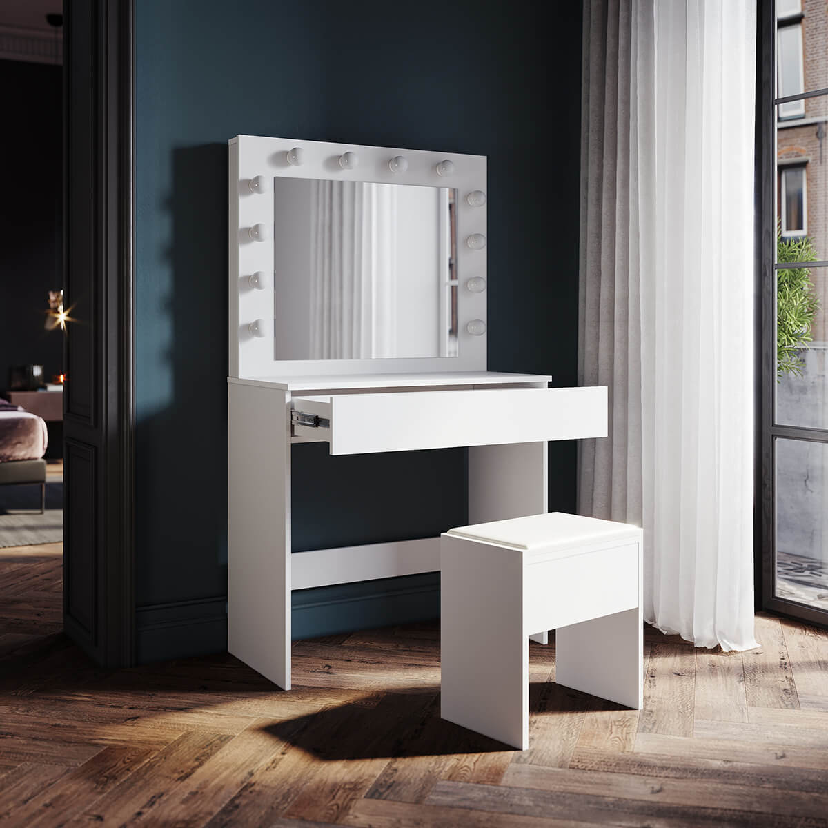 SONNI Schminktisch mit Hocker Spiegel, Kosmetiktisch mit Schubladen für Schlafzimmer, Frisiertisch Schreibtisch aus MFC und Massivholz, Kinderleichte Montage, Weiß