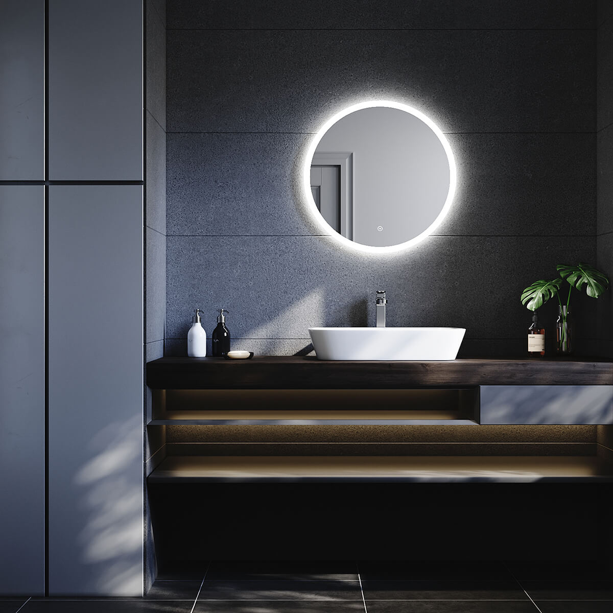 SONNI Badspiegel mit Beleuchtung Rund 60 cm Beschlagfrei Runder Badspiegel mit LED-Beleuchtung LED Badspiegel Rund mit Touch Schalter Wandspiegel Kaltweiß 6400K