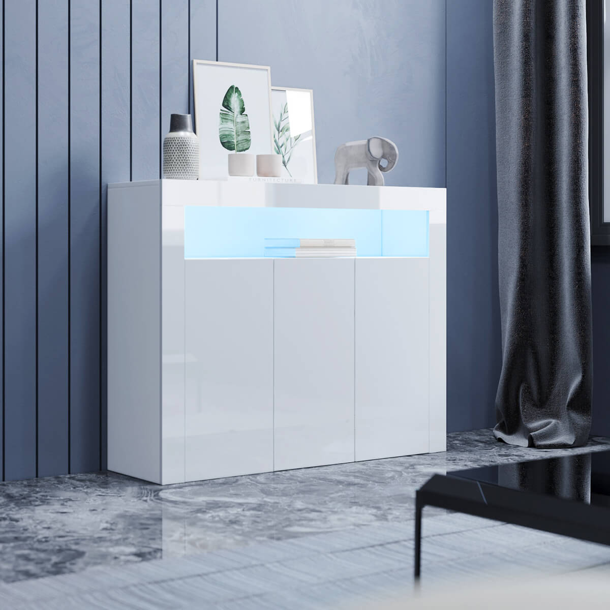 SONNI Sideboard Weiss Hochglanz Wohnzimmer, LED Kommode, Wohnzimmermöbel Wohnzimmerschrank Standschrank B116xH93xT35cm
