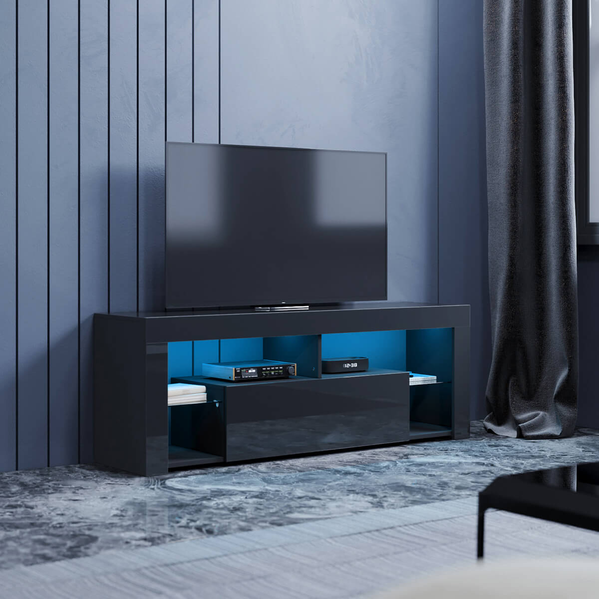 SONNI Lowboard TV Board Hochglanz, mit LED Beleuchtung(12 Farben können eingestellt Werden), mit Klapptür, mit Glasregal, Griffloses Design