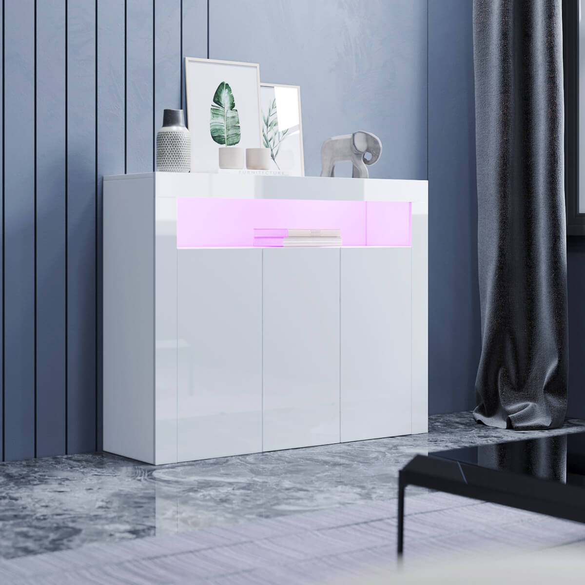 SONNI Sideboard Weiss Hochglanz Wohnzimmer, LED Kommode, Wohnzimmermöbel Wohnzimmerschrank Standschrank B116xH93xT35cm