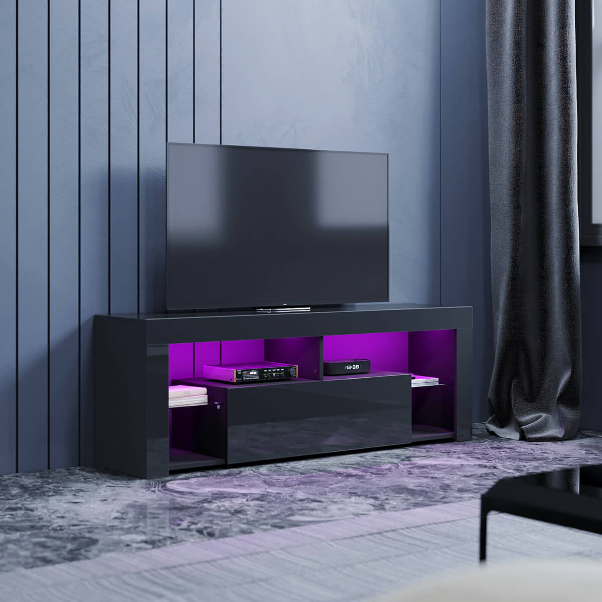 SONNI Lowboard TV Board Hochglanz, mit LED Beleuchtung(12 Farben können eingestellt Werden), mit Klapptür, mit Glasregal, Griffloses Design
