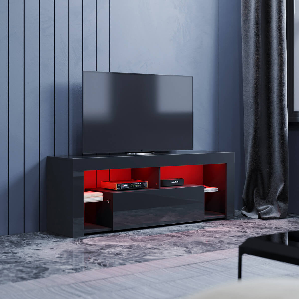 SONNI Lowboard TV Board Hochglanz, mit LED Beleuchtung(12 Farben können eingestellt Werden), mit Klapptür, mit Glasregal, Griffloses Design