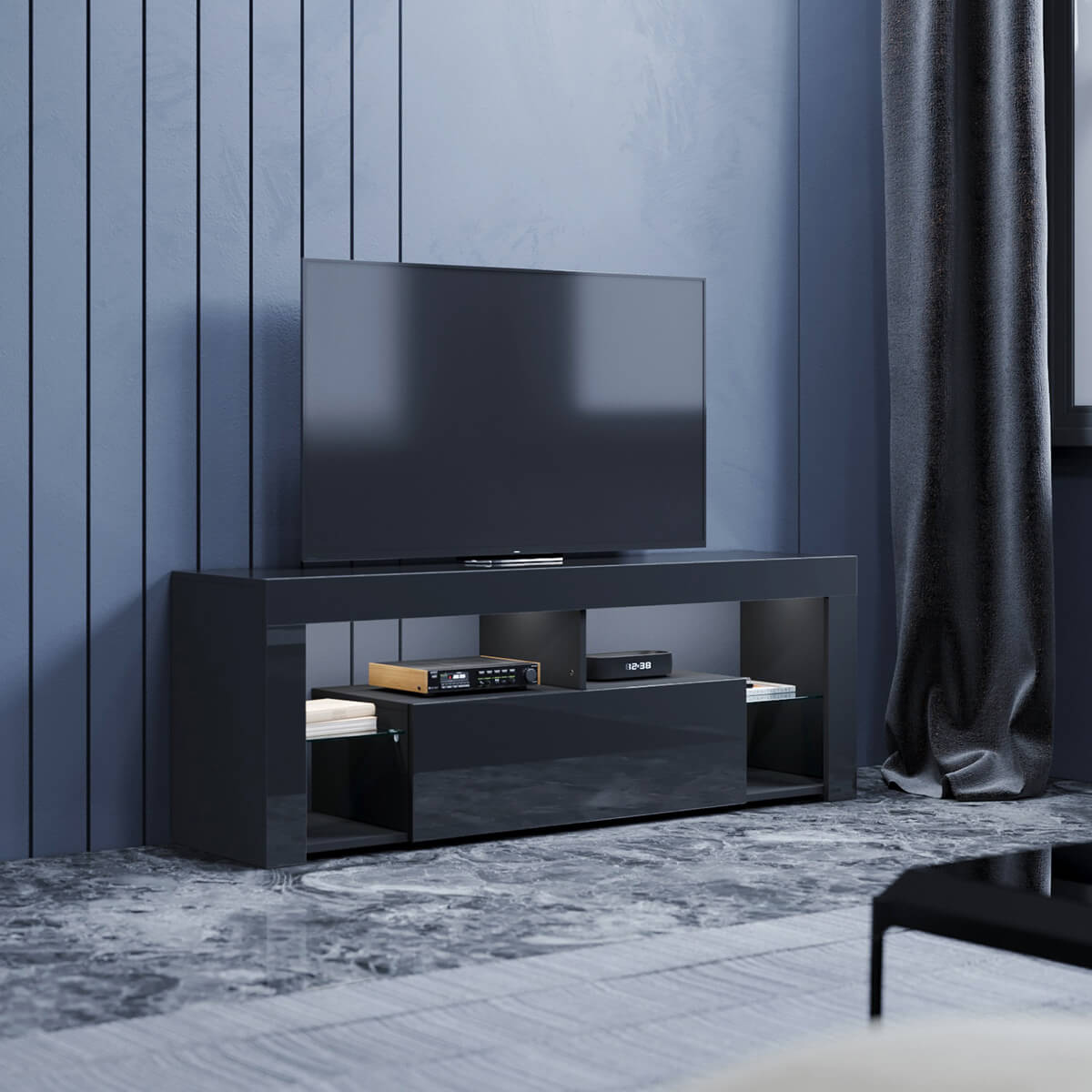 SONNI Lowboard TV Board Hochglanz, mit LED Beleuchtung(12 Farben können eingestellt Werden), mit Klapptür, mit Glasregal, Griffloses Design