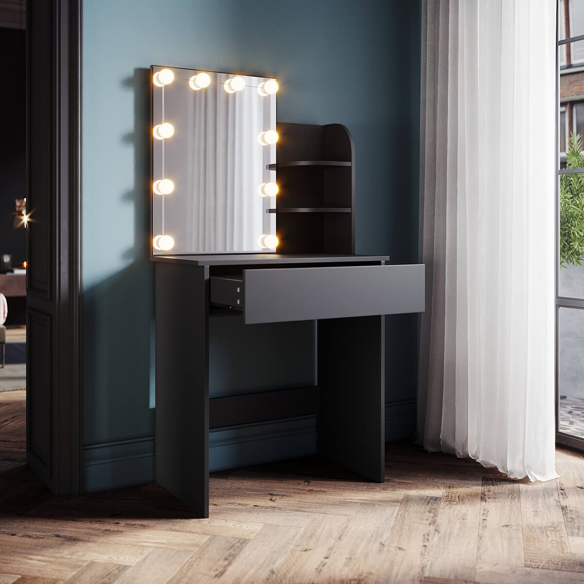 SONNI Schminktisch klein mit Beleuchtung und Spiegel, Schminktische mit Schubladen für Schlafzimmer, Einstellbare Helligkeit, schwarz