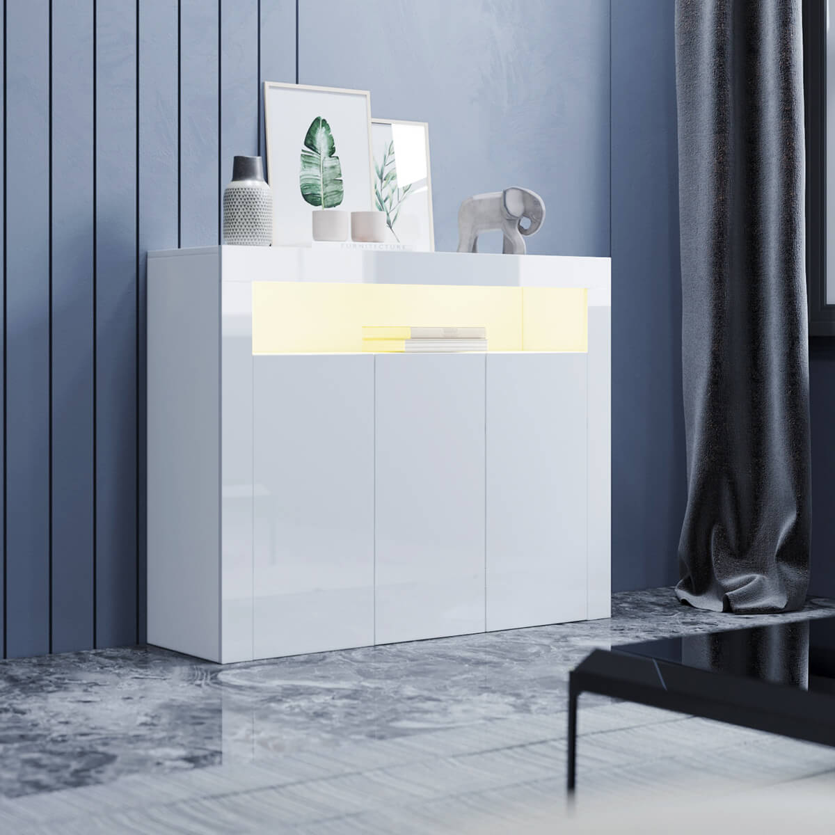 SONNI Sideboard Weiss Hochglanz Wohnzimmer, LED Kommode, Wohnzimmermöbel Wohnzimmerschrank Standschrank B116xH93xT35cm