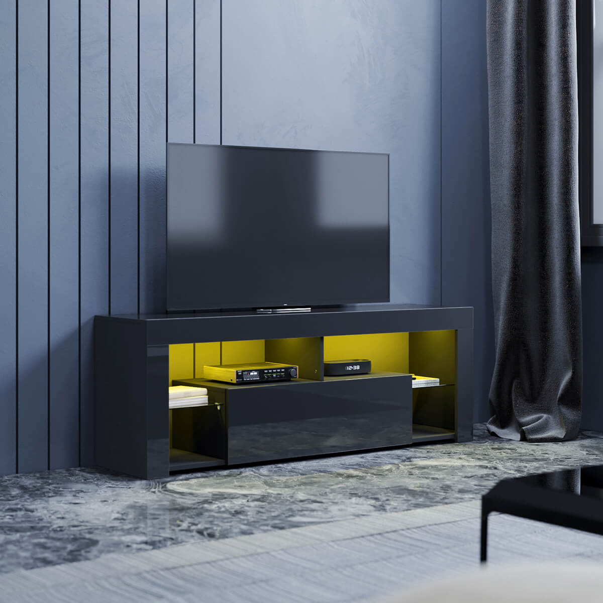 SONNI Lowboard TV Board Hochglanz, mit LED Beleuchtung(12 Farben können eingestellt Werden), mit Klapptür, mit Glasregal, Griffloses Design
