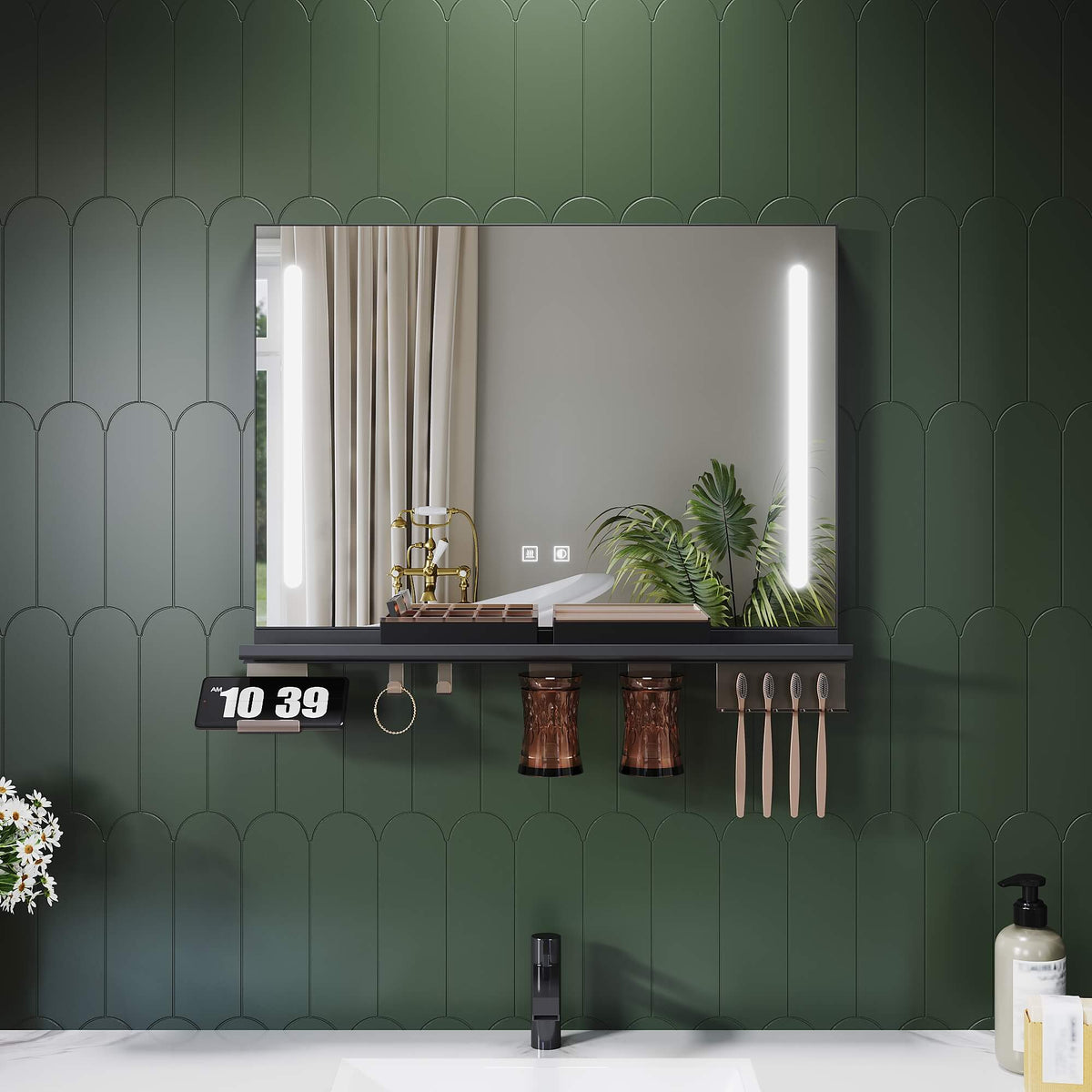 SONNI LED Badspiegel 70x50cm mit Ablage, Touch Badezimmerspiegel 3 Lichtfarben, Anti-Beschlag & Gedächtnisfunktion, Ablage mit Handyhalter + Haken + Zahnbürstenhalter