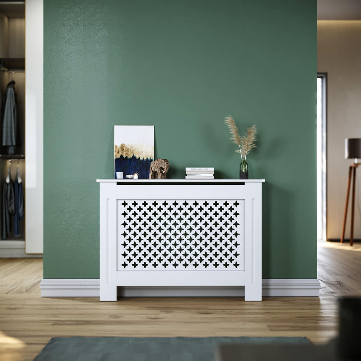 SONNI Heizkörperverkleidung Abdeckung Heizungsverkleidung weiß mit Kreuzgitter für Wohnzimmer Flur Diele B1120 x T190 x H815 mm