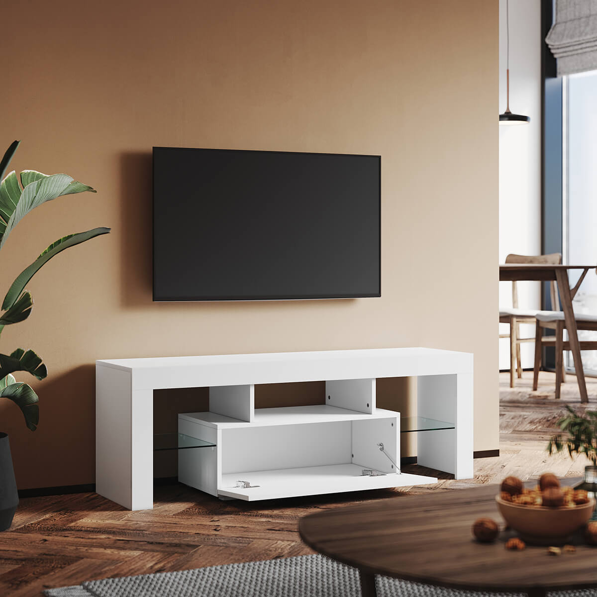 SONNI TV Schrank Weiss, TV Board Hochglanz, mit LED Beleuchtung(12 Farben können eingestellt Werden), mit Klapptür, mit Glasregal, Griffloses Design