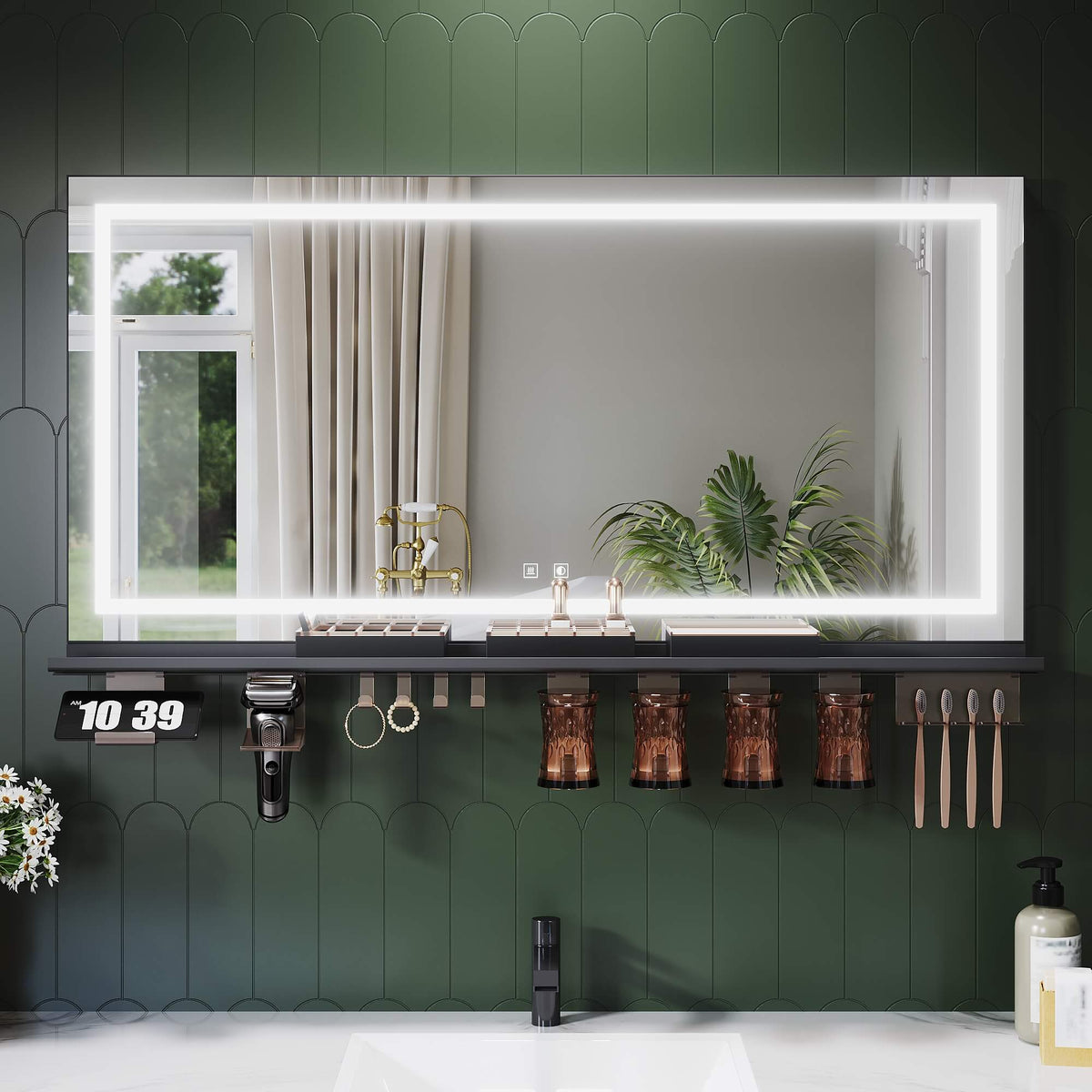 SONNI LED Badspiegel 120x60cm + Ablage, Touch Spiegel mit Beleuchtung, 3 Lichtfarben, Anti-Beschlag & Memory, Ablage mit Handyhalter + Haken + Zahnbürstenhalter + Becherhalter