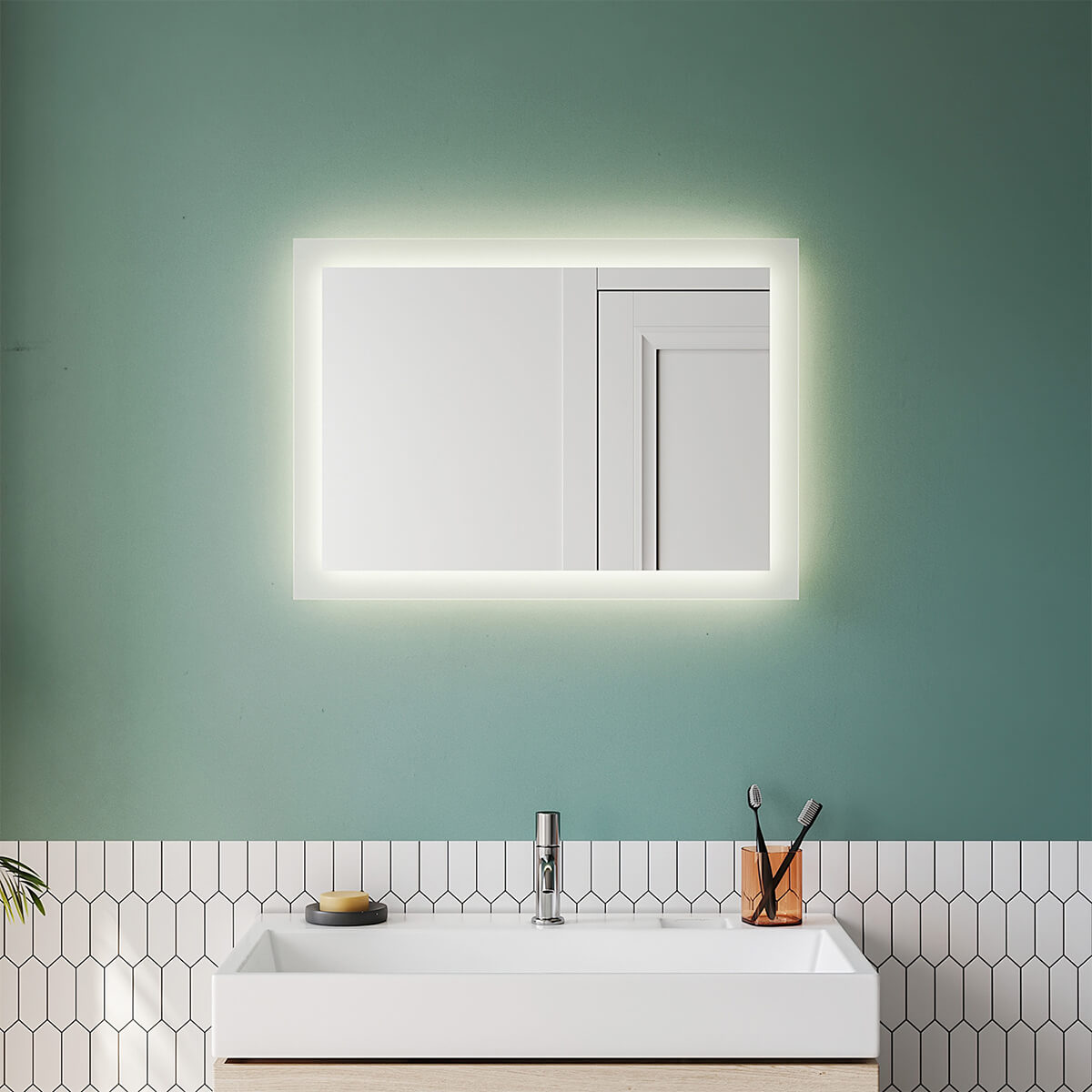 SONNI Badspiegel mit Beleuchtung 50×70 cm, Warmweiß LED Badspiegel, Badezimmerspiegel mit Beleuchtung, Wandspiegel für Badezimmer Vertikal/Horizontal Montage IP44 wasserdicht Wandschalter