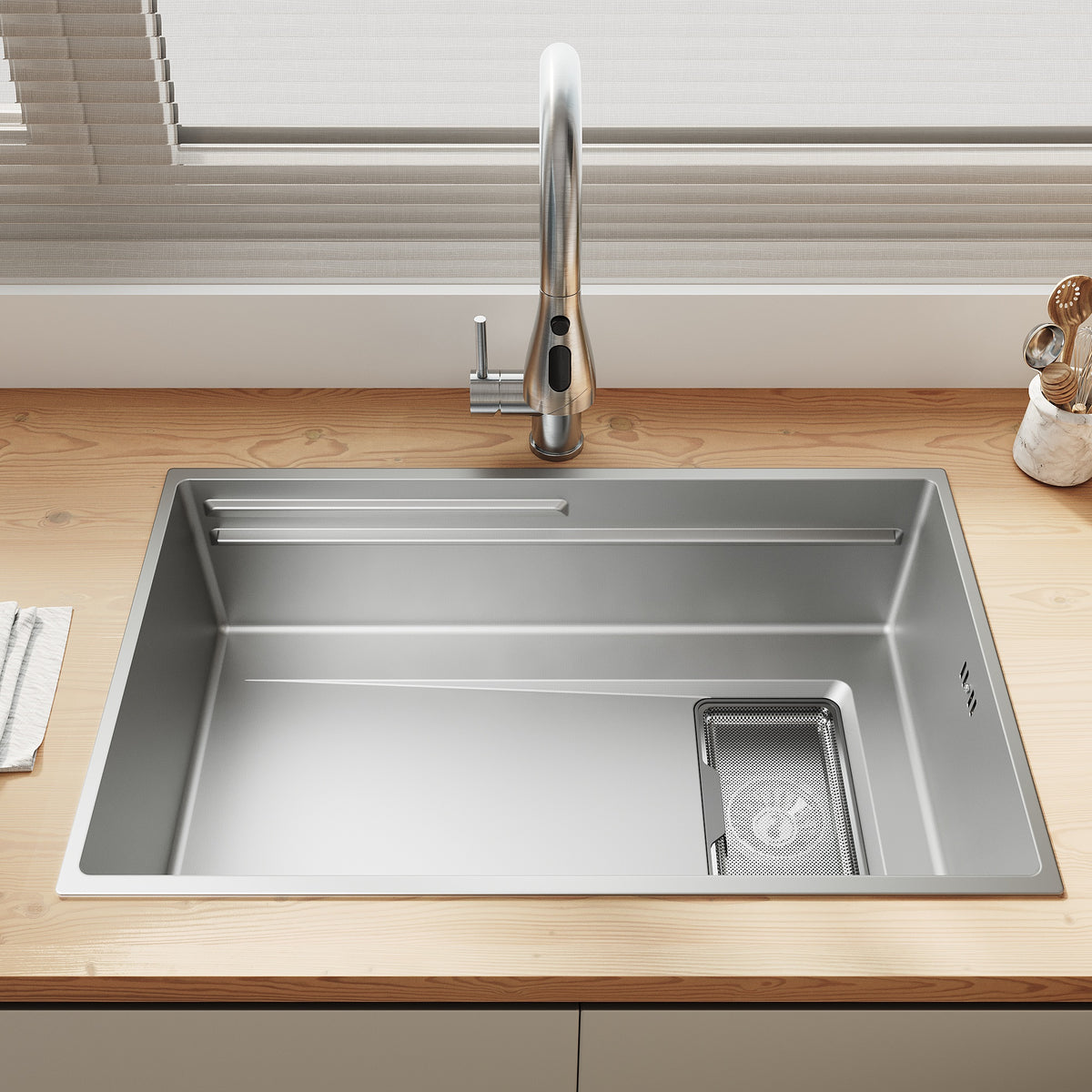 SONNI Küchenspüle Waschbecken Edelstahl 304, Nanosilber/Diamantschwarz, 70x44 cm, Einbauspüle mit 1 Becken,Wasserhahn,Unterbauspüle mit Abtropfkorb und Rechteckigem Abfallsieb