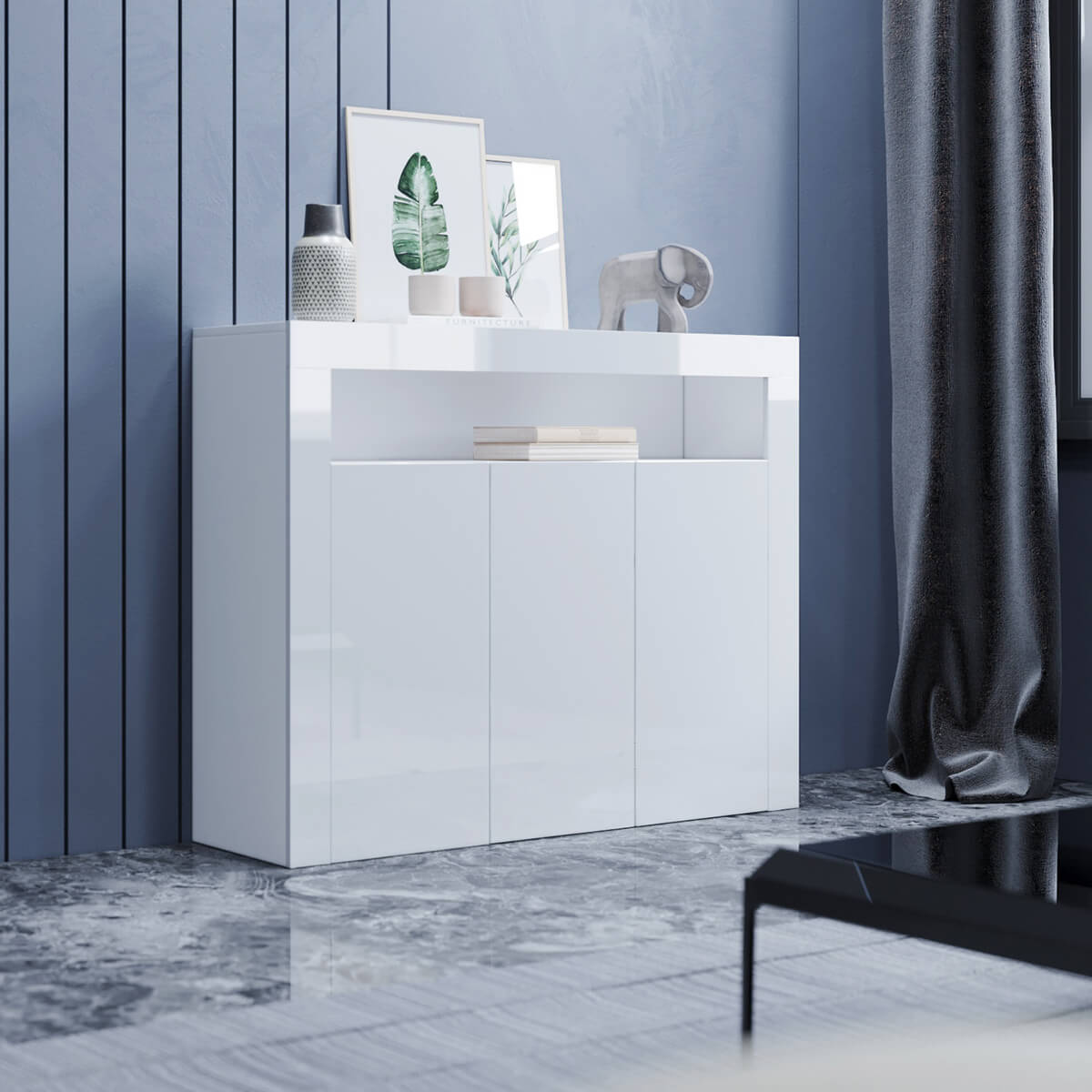 SONNI Sideboard Weiss Hochglanz Wohnzimmer, LED Kommode, Wohnzimmermöbel Wohnzimmerschrank Standschrank B116xH93xT35cm