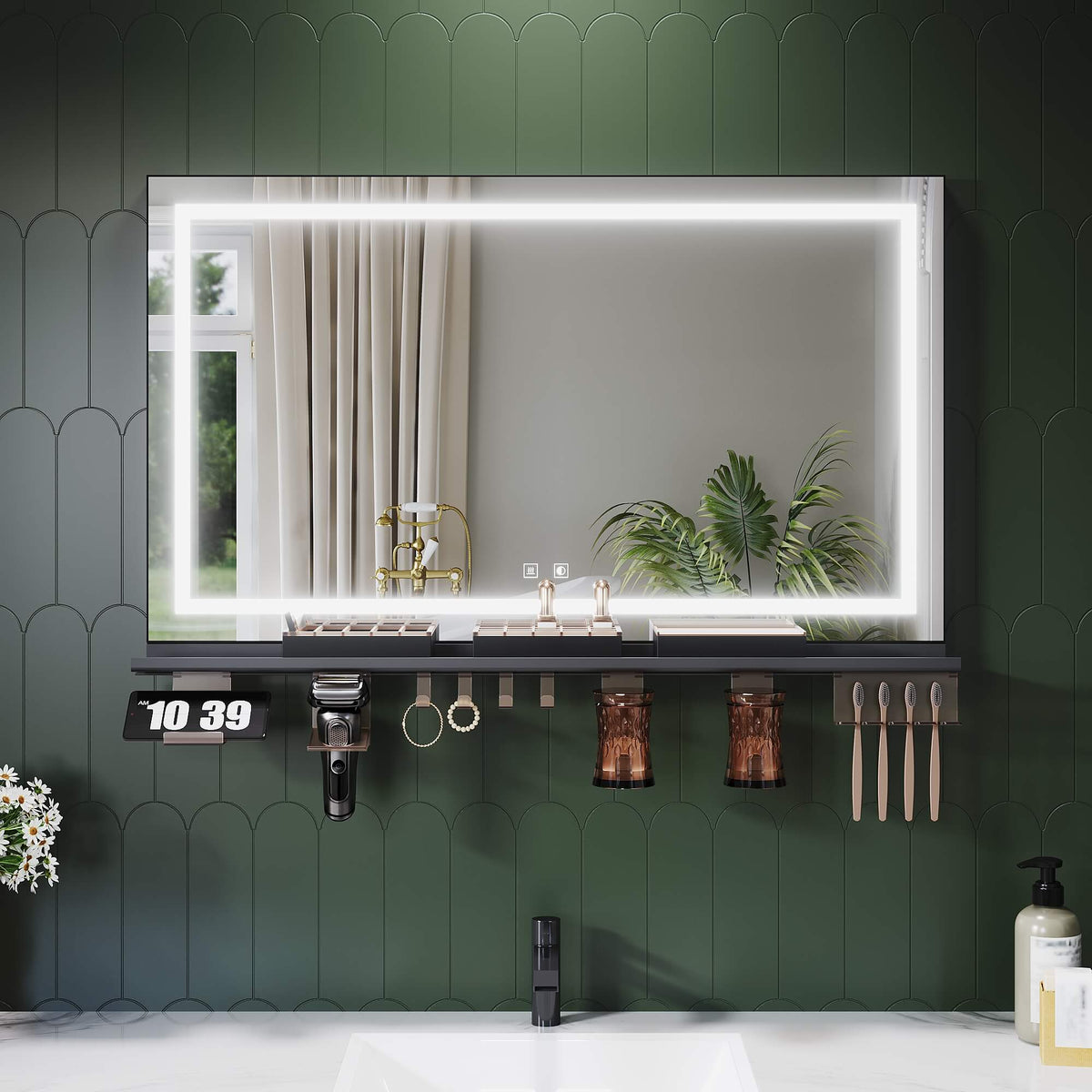 SONNI Badspiegel mit Beleuchtung 100x60cm + Ablage, Touch Badezimmerspiegel 3 Lichtfarben, Anti-Beschlag & Gedächtnisfunktion