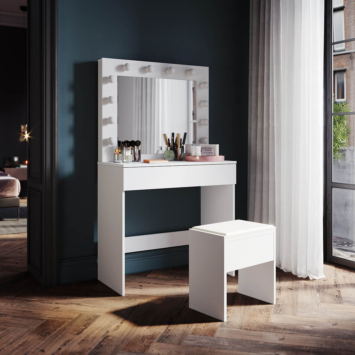 SONNI Schminktisch mit Hocker Spiegel, Kosmetiktisch mit Schubladen für Schlafzimmer, Frisiertisch Schreibtisch aus MFC und Massivholz, Kinderleichte Montage, Weiß