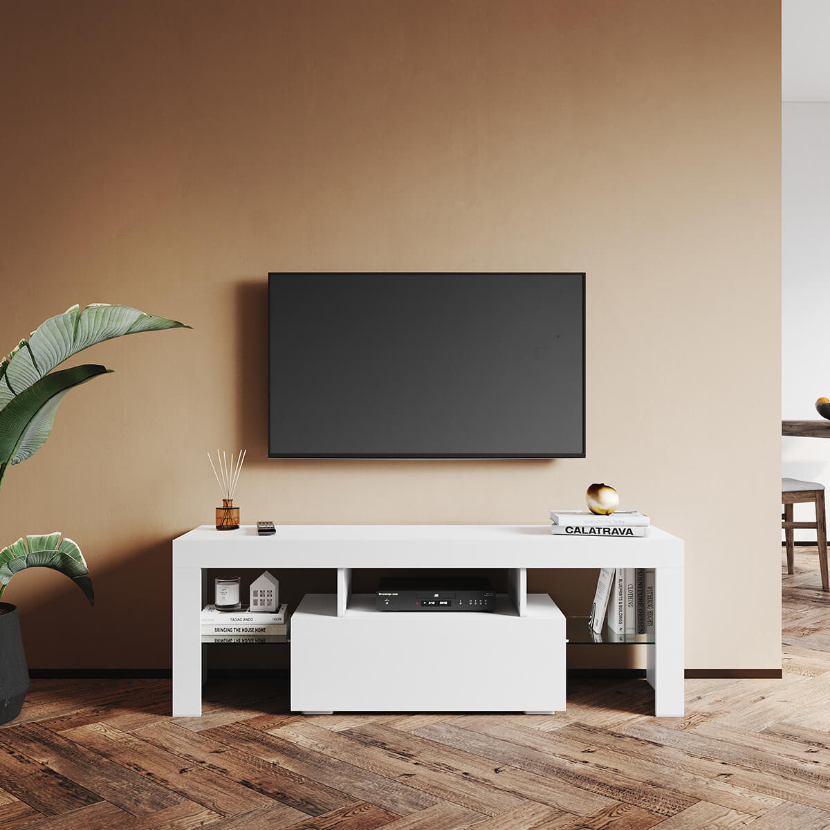 SONNI TV Schrank Weiss, TV Board Hochglanz, mit LED Beleuchtung(12 Farben können eingestellt Werden), mit Klapptür, mit Glasregal, Griffloses Design