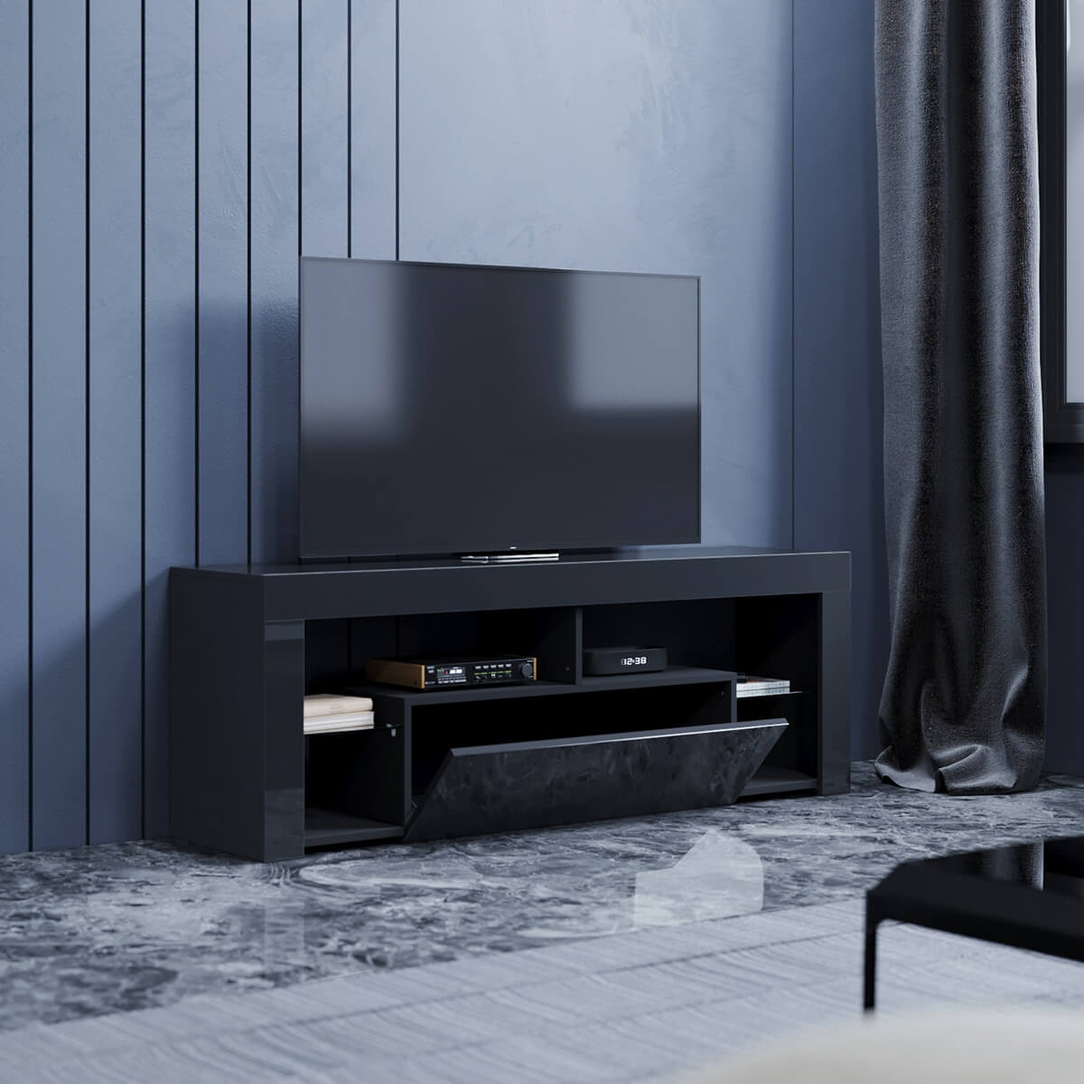 SONNI Lowboard TV Board Hochglanz, mit LED Beleuchtung(12 Farben können eingestellt Werden), mit Klapptür, mit Glasregal, Griffloses Design