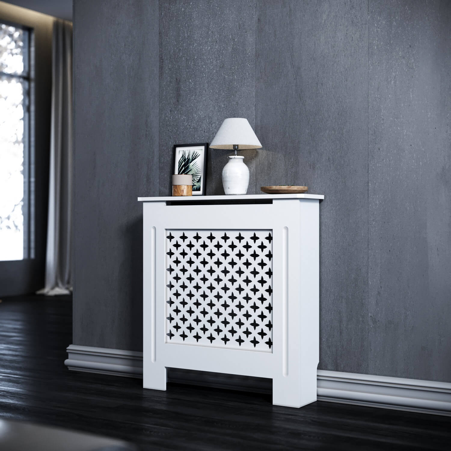 SONNI Heizkörperverkleidung Abdeckung Heizungsverkleidung weiß mit Kreuzgitter für Wohnzimmer Flur Diele B780 x T190 x H820 mm