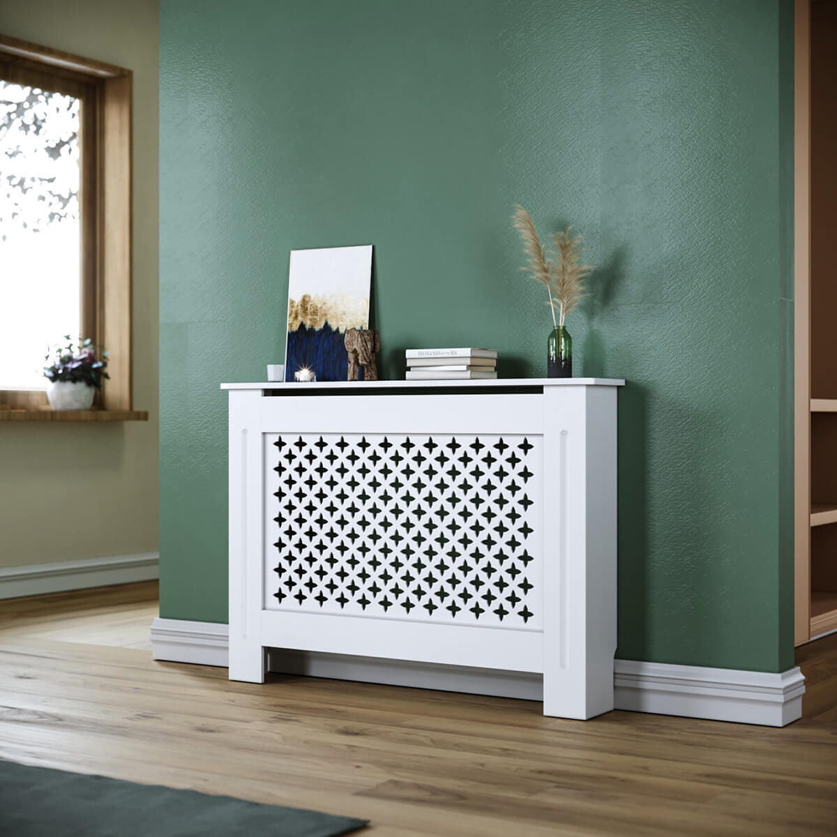 SONNI Heizkörperverkleidung Abdeckung Heizungsverkleidung weiß mit Kreuzgitter für Wohnzimmer Flur Diele B1120 x T190 x H815 mm