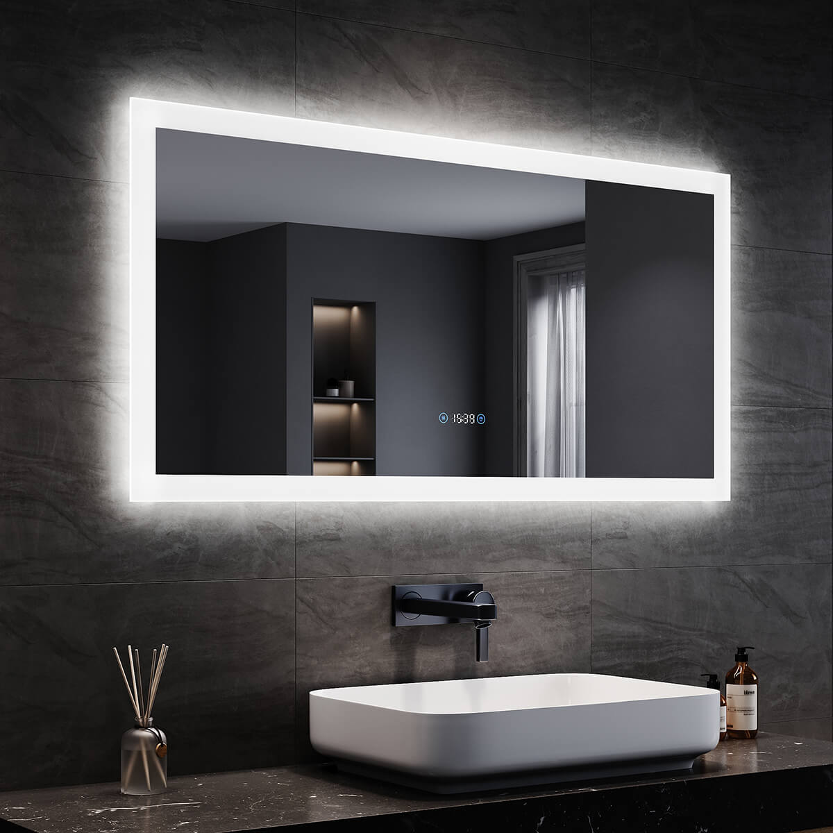SONNI Badezimmerspiegel mit Beleuchtung 120x60 cm, 3 einstellbare Lichtfarbe, Anti-Beschlag LED Badspiegel Lichtspiegel Wandspiegel mit Touchschalter, Uhr, Temperatur