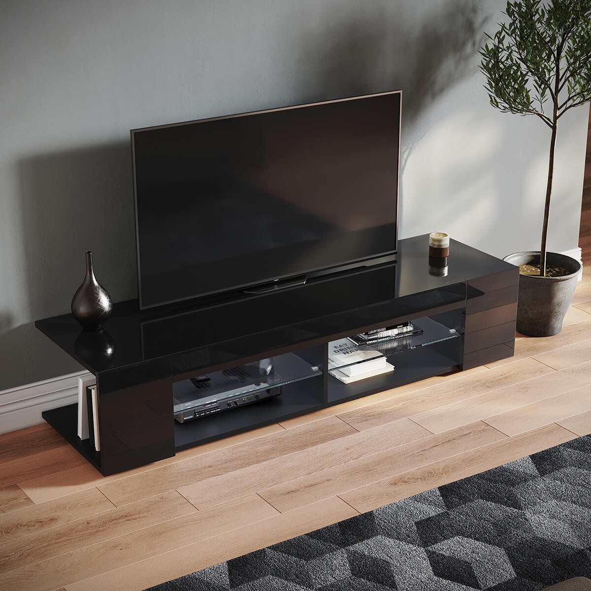 SONNI TV Board Lowboard Unterschrank Hochglanz Glasböden mit LED Beleuchtung Schwarz