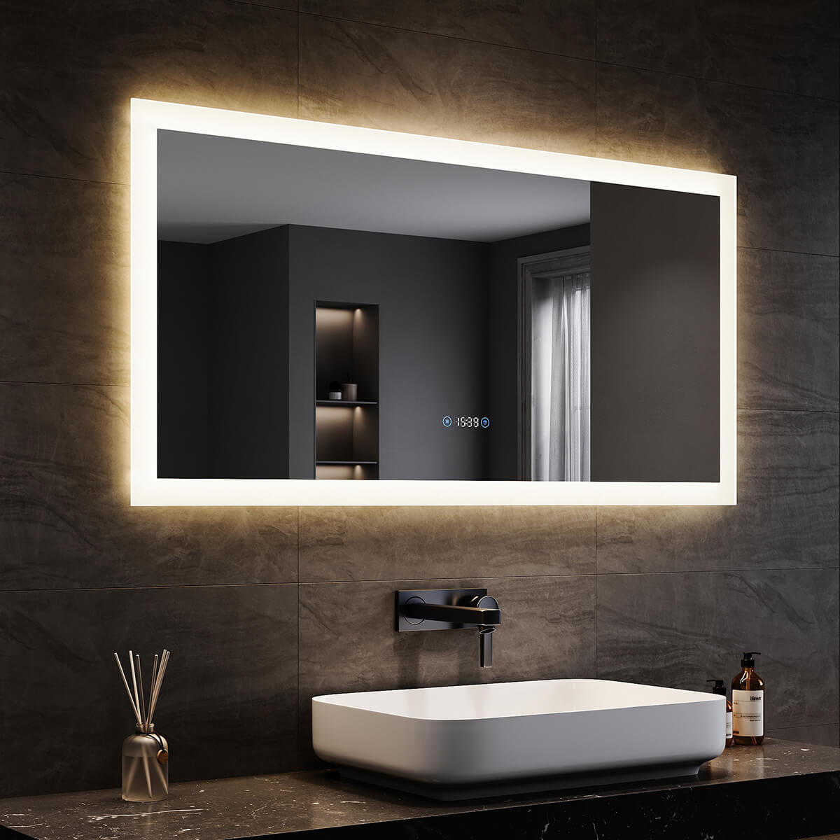 SONNI Badezimmerspiegel mit Beleuchtung 120x60 cm, 3 einstellbare Lichtfarbe, Anti-Beschlag LED Badspiegel Lichtspiegel Wandspiegel mit Touchschalter, Uhr, Temperatur