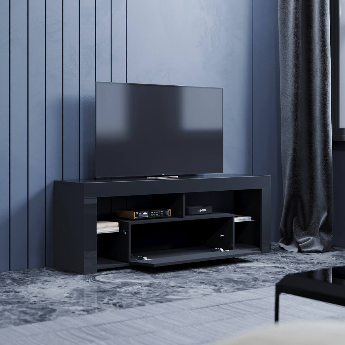 SONNI Lowboard TV Board Hochglanz, mit LED Beleuchtung(12 Farben können eingestellt Werden), mit Klapptür, mit Glasregal, Griffloses Design