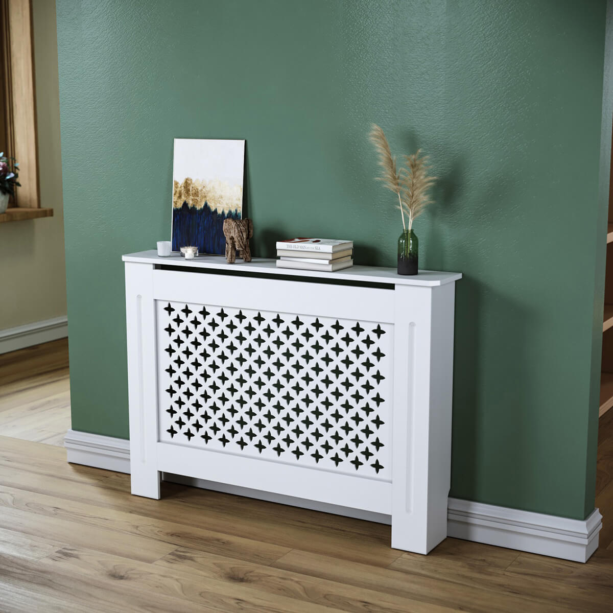 SONNI Heizkörperverkleidung Abdeckung Heizungsverkleidung weiß mit Kreuzgitter für Wohnzimmer Flur Diele B1120 x T190 x H815 mm
