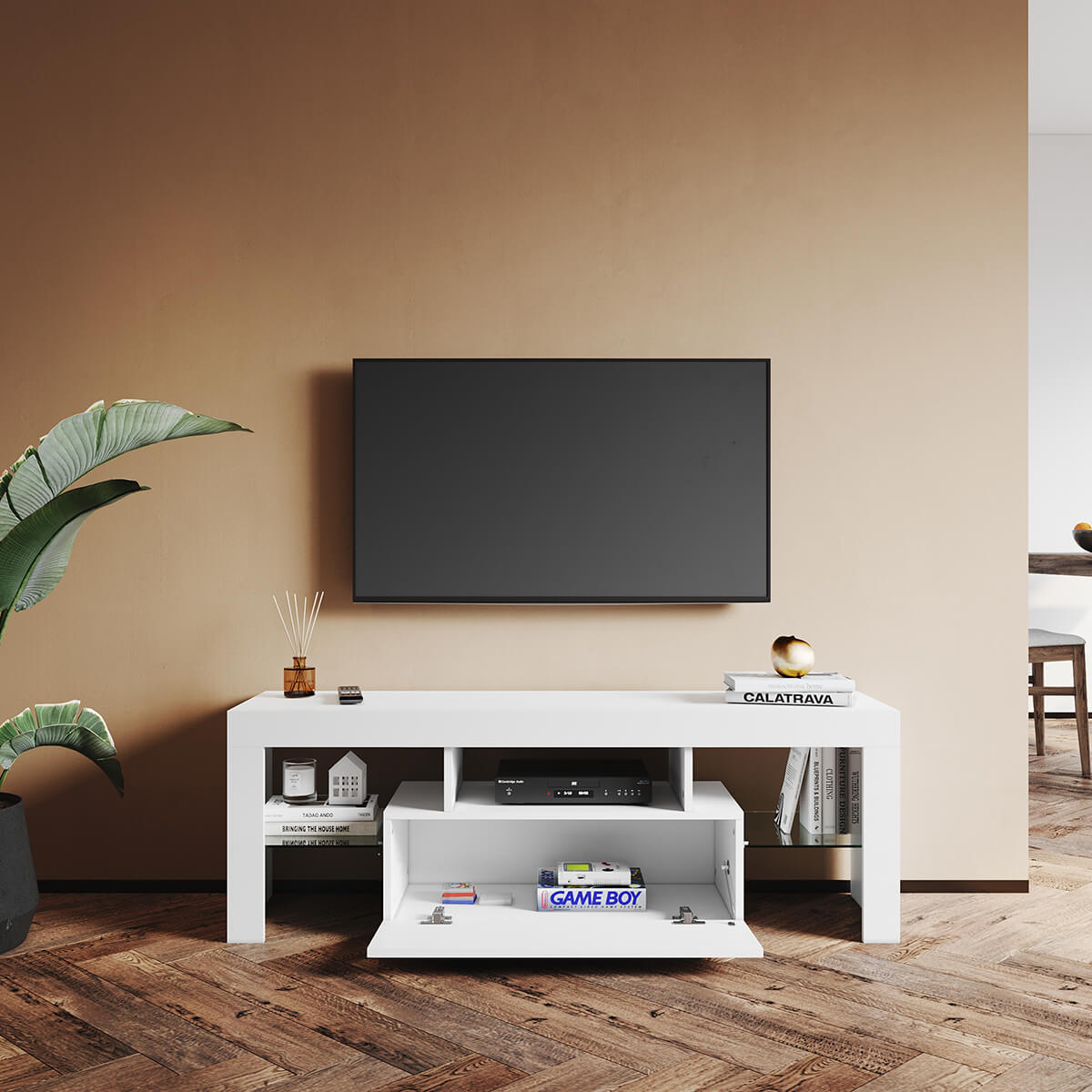 SONNI TV Schrank Weiss, TV Board Hochglanz, mit LED Beleuchtung(12 Farben können eingestellt Werden), mit Klapptür, mit Glasregal, Griffloses Design