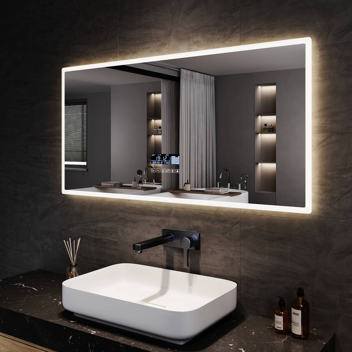 SONNI Badspiegel Bluetooth Lautsprecher LED beschlagfrei mit Uhranzeige Lichtspiegel 3 Lichtfarben einstellbar, 120x60 cm - Sonni Sanitär GmbH