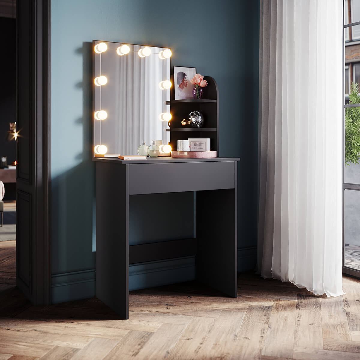 SONNI Schminktisch klein mit Beleuchtung und Spiegel, Schminktische mit Schubladen für Schlafzimmer, Einstellbare Helligkeit, schwarz