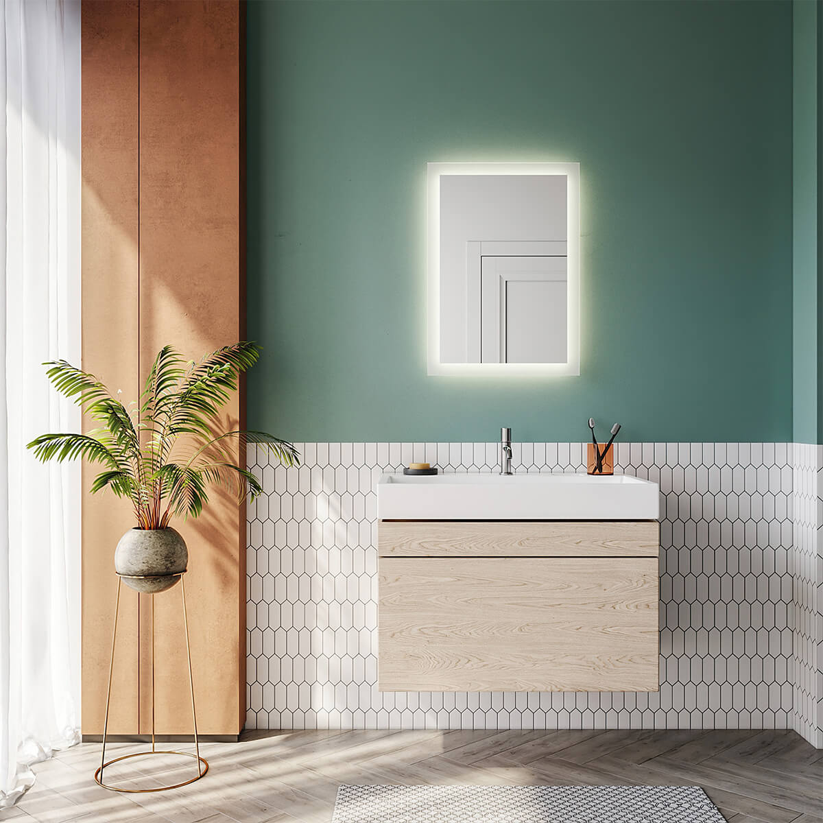 SONNI Badspiegel mit Beleuchtung 50×70 cm, Warmweiß LED Badspiegel, Badezimmerspiegel mit Beleuchtung, Wandspiegel für Badezimmer Vertikal/Horizontal Montage IP44 wasserdicht Wandschalter