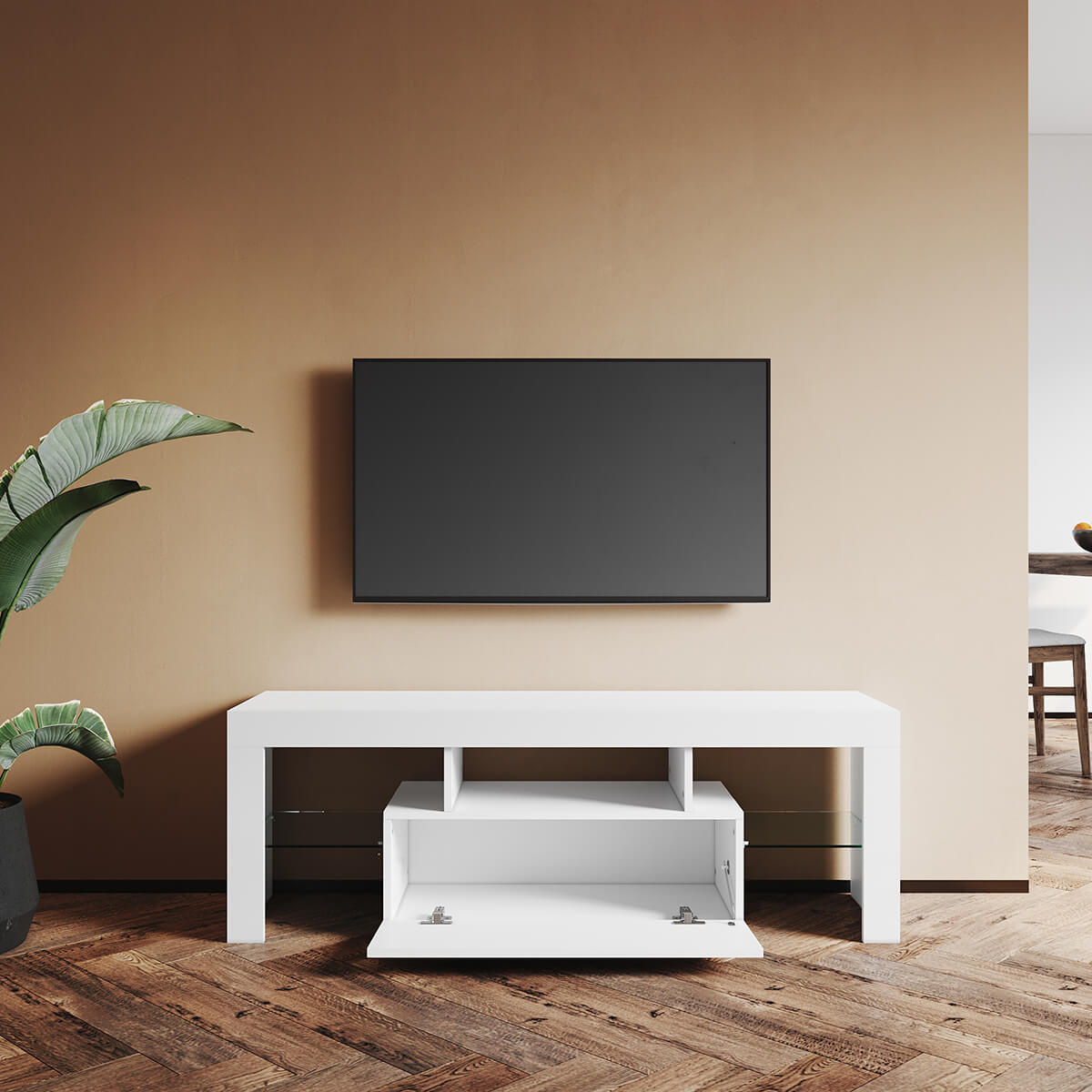 SONNI TV Schrank Weiss, TV Board Hochglanz, mit LED Beleuchtung(12 Farben können eingestellt Werden), mit Klapptür, mit Glasregal, Griffloses Design