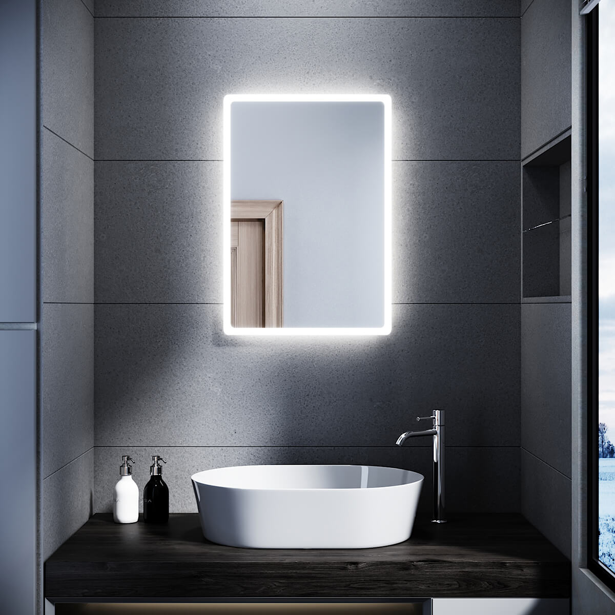 SONNI Badspiegel mit Beleuchtung 60x40 cm LED Badspiegel Wandschalter Badezimmerspiegel Wandspiegel Lichtspiegel IP44