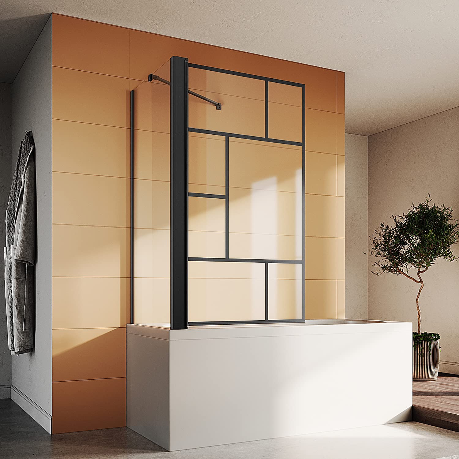 SONNI Duschwand für Badewanne mit Schwarzem Gitterdesign NANO-GLAS Badewannenaufsatz faltbar Duschabtrennung Badewanne 80x140 cm(BxH)