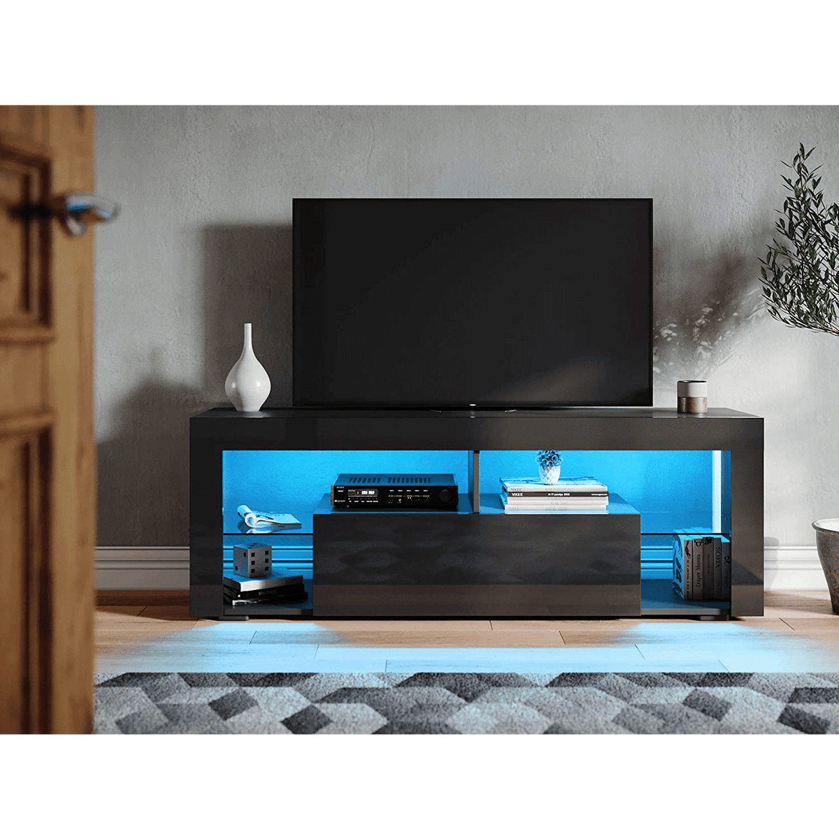 SONNI Lowboard  TV Board Hochglanz, mit LED Beleuchtung(12 Farben können eingestellt Werden), mit Klapptür, mit Glasregal, Griffloses Design